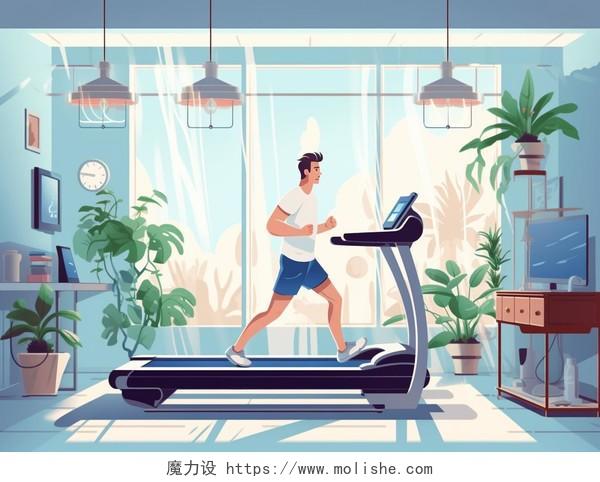 卡通手绘健身节插画室内男人在跑步机上奔跑巨大窗户绿植明亮场景插画海报跑步运动